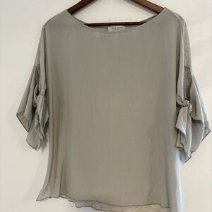 Lola & Sophie Light Gray & green Blouse with Tie Sleeves | quiet luxury $138